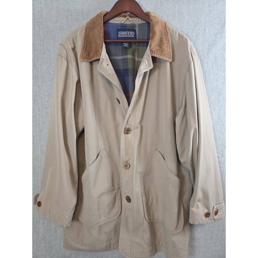 LANDS END L 42-44 Chore Jacket Barn Coat Corduroy Collar Cuffs Plaid Lining Y2K